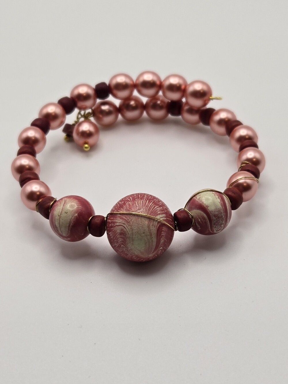 Pink Beaded Bracelet On Gold Tone Wire Adjustable Handmade Artisan Jewelry